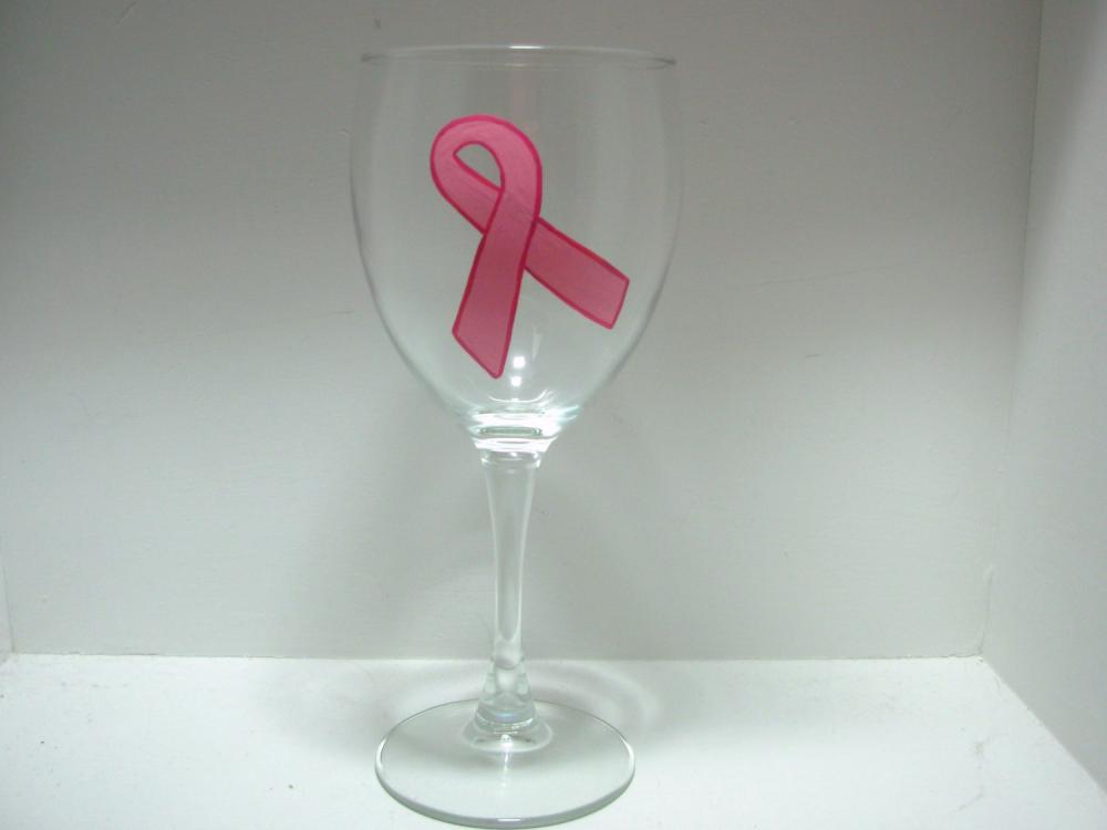 Pink Ribbon Handpainted Wine Glass Breast Cancer Awareness