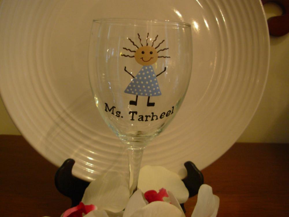 Ms. Tarheel wine glass Handpainted Personalized