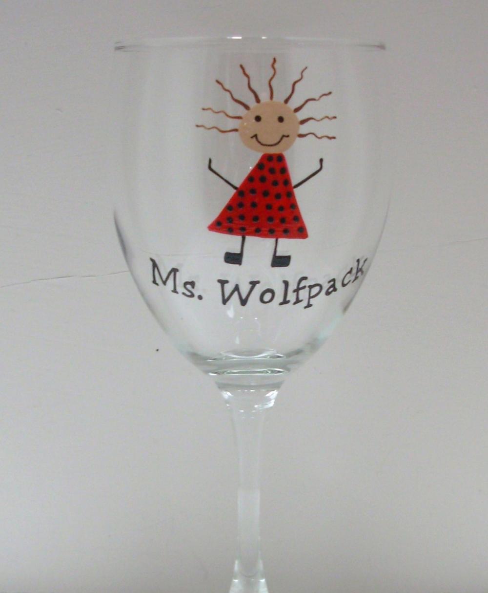 Handpainted Ms. Wolfpack Wine Glass Personalized