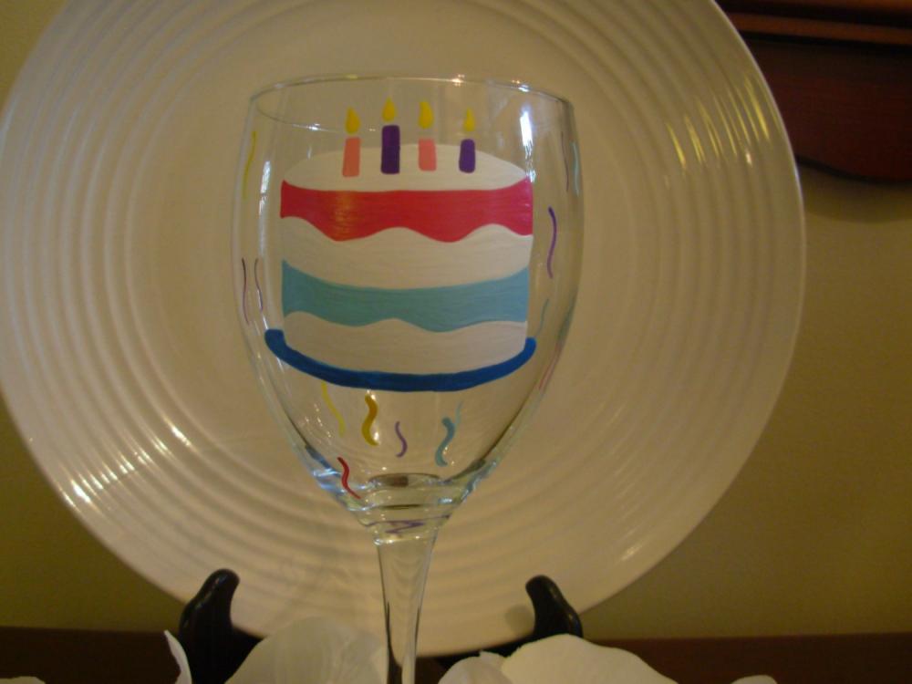 Birthday Wine Glass Handpainted Cake Personalized