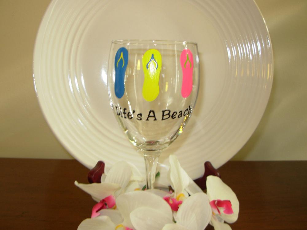Flip Flop Wine Glass Handpainted Life's A Beach