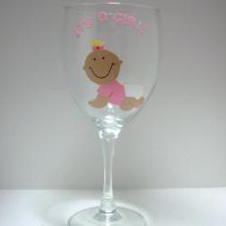 Baby Girl Wine Glass, Personalized Handpainted It's A Girl