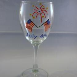 Handpainted Wine Glass 4th of July Flag and Fireworks