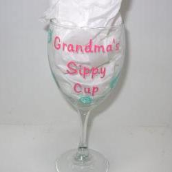 Grandma's Sippy Cup Handpainted Wine Glass Personalized